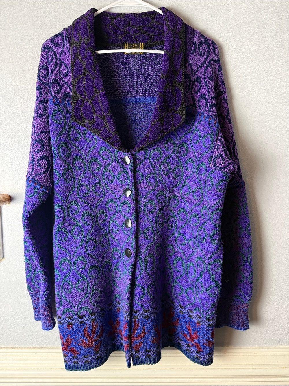 Vintage Purple Patterned Shawl-Collar Button Cardigan Sweater